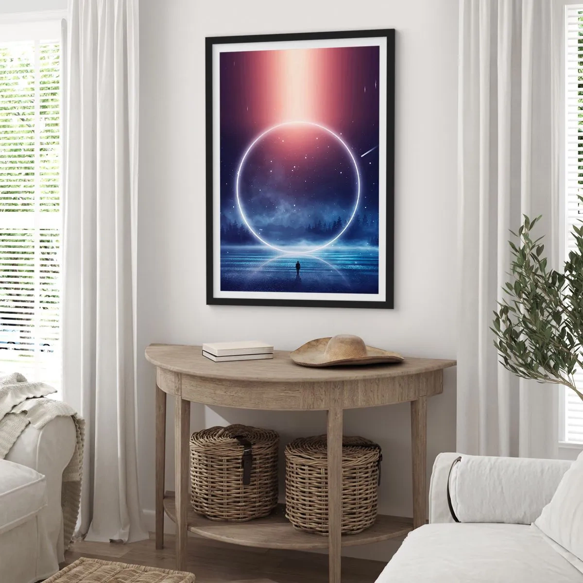 Póster en marco negro - Silueta de una persona en un círculo de luz sobre un fondo de estrellas. - 50x70cm - Ya están aquí... - Decoración de pared moderna para salón y dormitorio ARTTOR