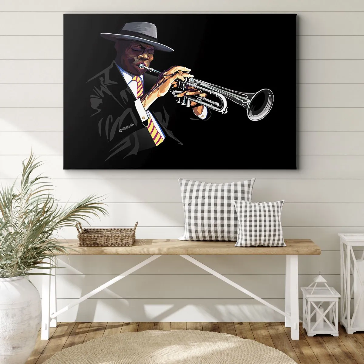 Cuadro sobre lienzo - Impresión de Imagen - Un músico tocando la trompeta sobre un fondo negro. - 70x50cm - El encanto de la vieja escuela - Decoración de pared moderna para salón y dormitorio ARTTOR