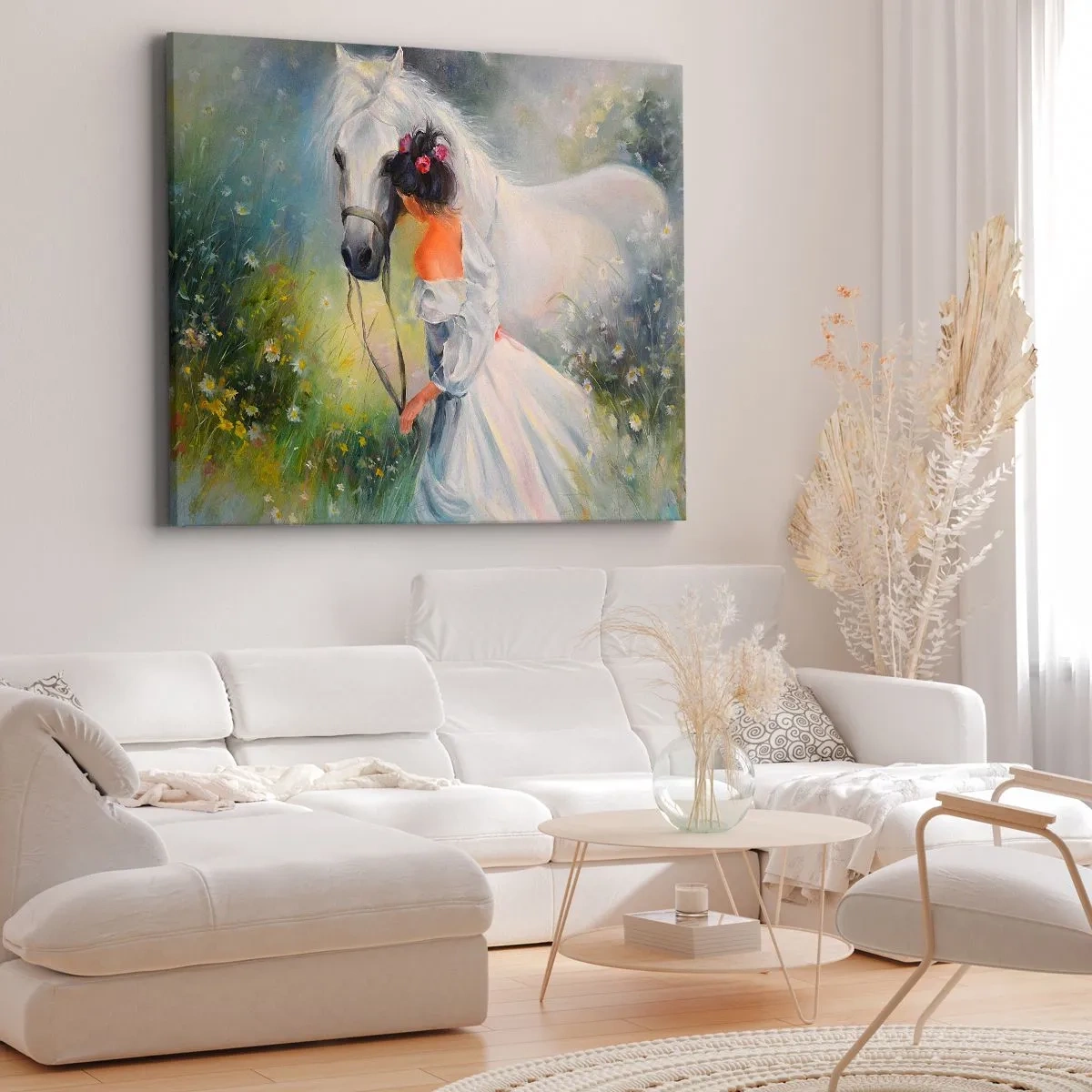 Cuadro sobre lienzo - Impresión de Imagen - Una mujer con un caballo blanco en un entorno pintoresco. - 100x70cm - Como si de un hermoso sueño se tratara - Decoración de pared moderna para salón y dormitorio ARTTOR
