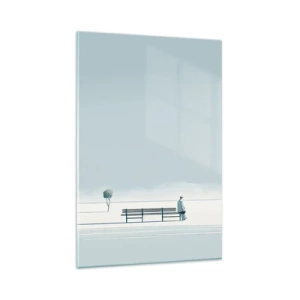 Cuadro sobre vidrio - Impresiones sobre Vidrio - Una persona sentada en un banco en un paisaje minimalista. - 80x120cm - Sí, estoy esperando - Decoración de pared moderna para salón y dormitorio ARTTOR
