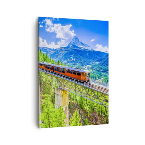 Cuadro sobre lienzo - Impresión de Imagen - Una montaña rusa en un puente con vistas a una cascada y montañas. - 50x70cm - Ferrocarril a los Alpes - Decoración de pared moderna para salón y dormitorio ARTTOR