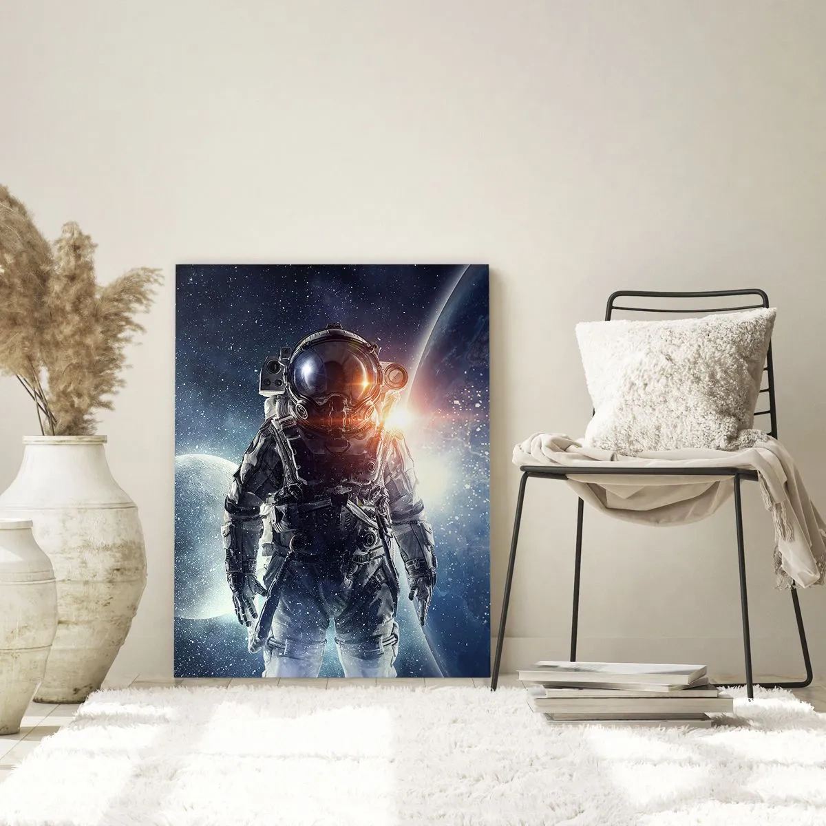 Cuadro sobre vidrio - Impresiones sobre Vidrio - Astronauta con el telón de fondo de planetas y estrellas. - 50x70cm - Una aventura cósmica - Decoración de pared moderna para salón y dormitorio ARTTOR