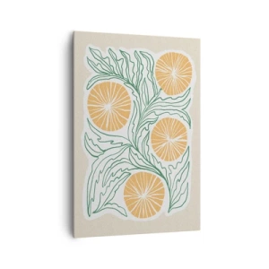 Cuadro sobre lienzo - Impresión de Imagen - Un motivo naranja minimalista con hojas verdes. - 70x100cm - Étnico con un toque de abstracción - Decoración de pared moderna para salón y dormitorio ARTTOR