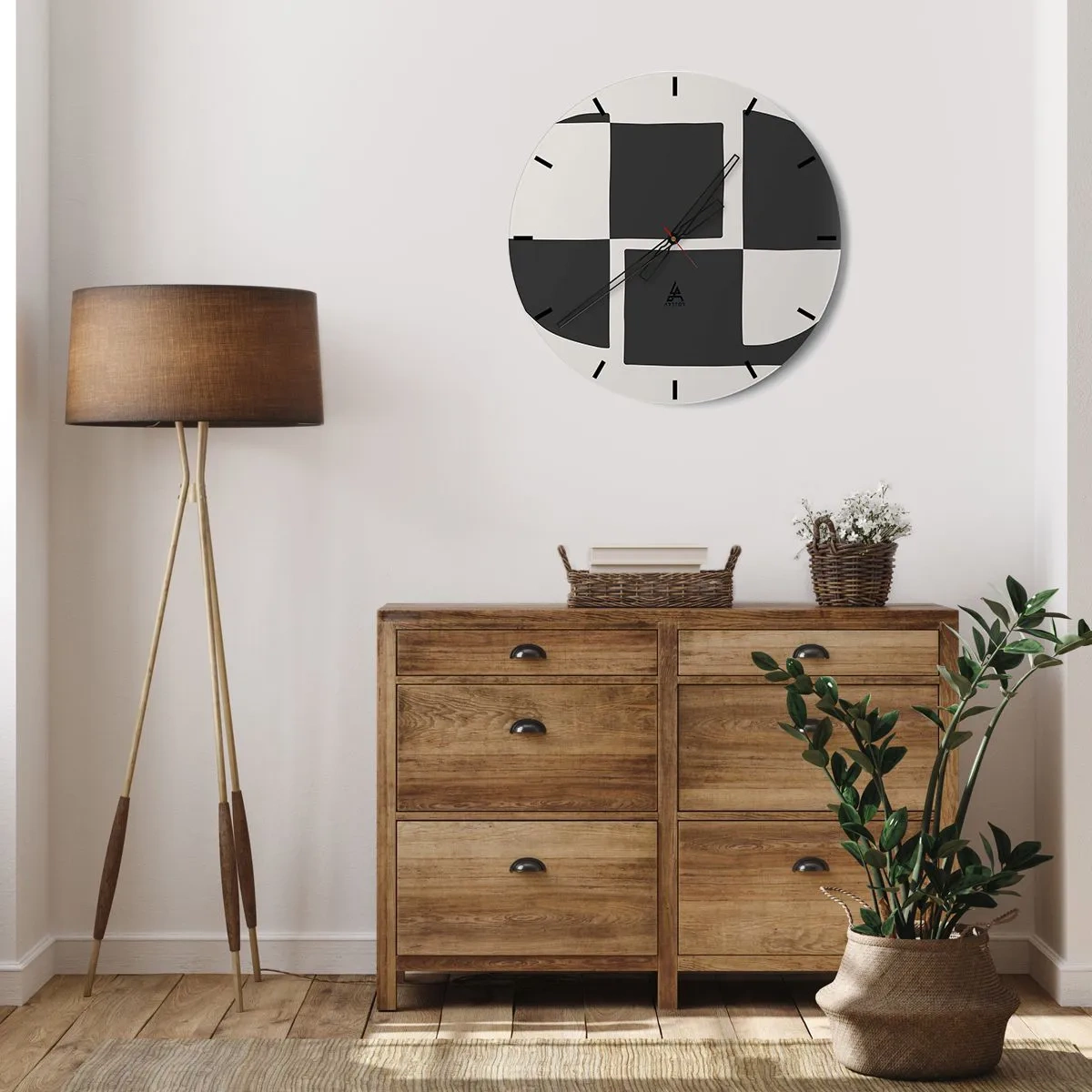 Reloj de pared - Reloj de vidrio - Composición geométrica en blanco y negro - 30x30cm - Antítesis - síntesis - Decoración de pared moderna para salón, cocina y dormitorio ARTTOR