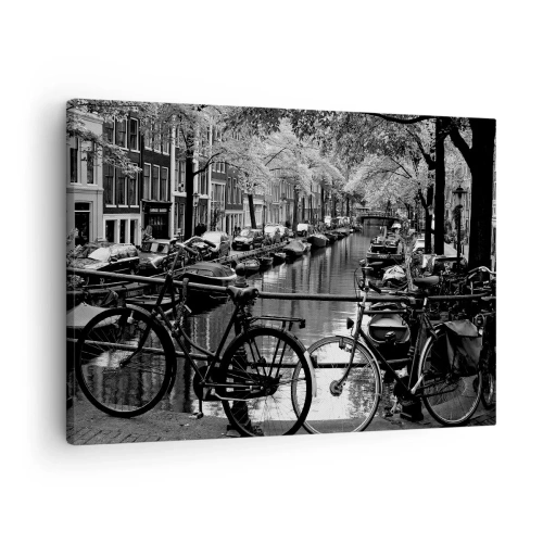 Cuadro sobre lienzo - Impresión de Imagen - Canal con bicicletas en fotografía en blanco y negro - 70x50cm - Una visión muy holandesa - Decoración de pared moderna para salón y dormitorio ARTTOR