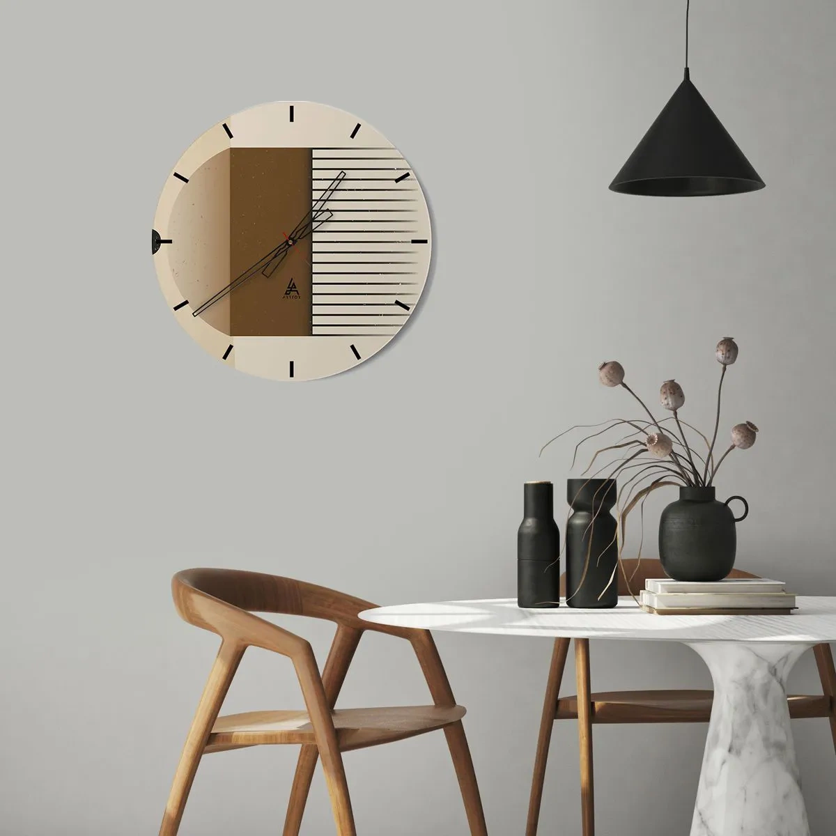 Reloj de pared - Reloj de vidrio - Composición geométrica con rectángulos y líneas marrones sobre fondo beige. - 30x30cm - Varios estados - Decoración de pared moderna para salón, cocina y dormitorio ARTTOR