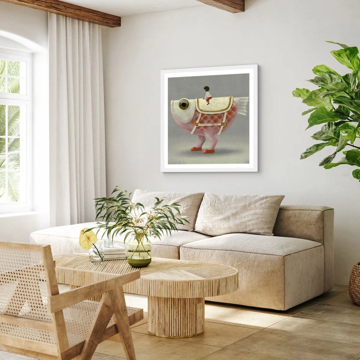 Póster en marco blanco - Jinete del pescado - 60x60 cm
