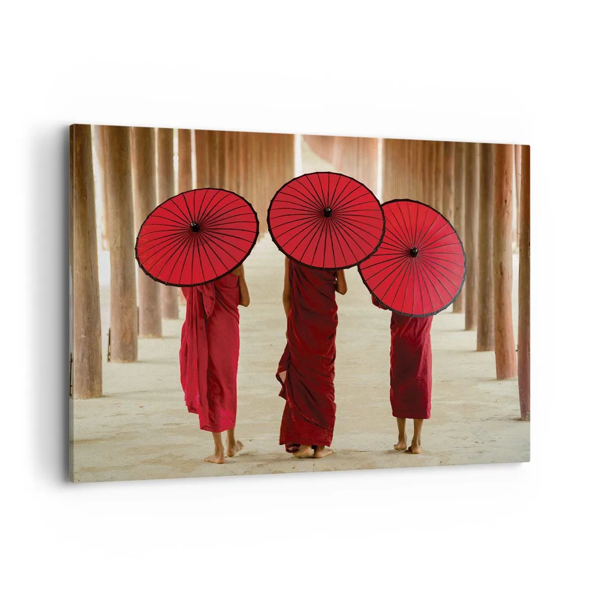 Cuadro sobre lienzo - Impresión de Imagen - Tres monjes con paraguas rojos en la arquitectura tradicional - 120x80cm - En el camino a la Tierra Pura - Decoración de pared moderna para salón y dormitorio ARTTOR