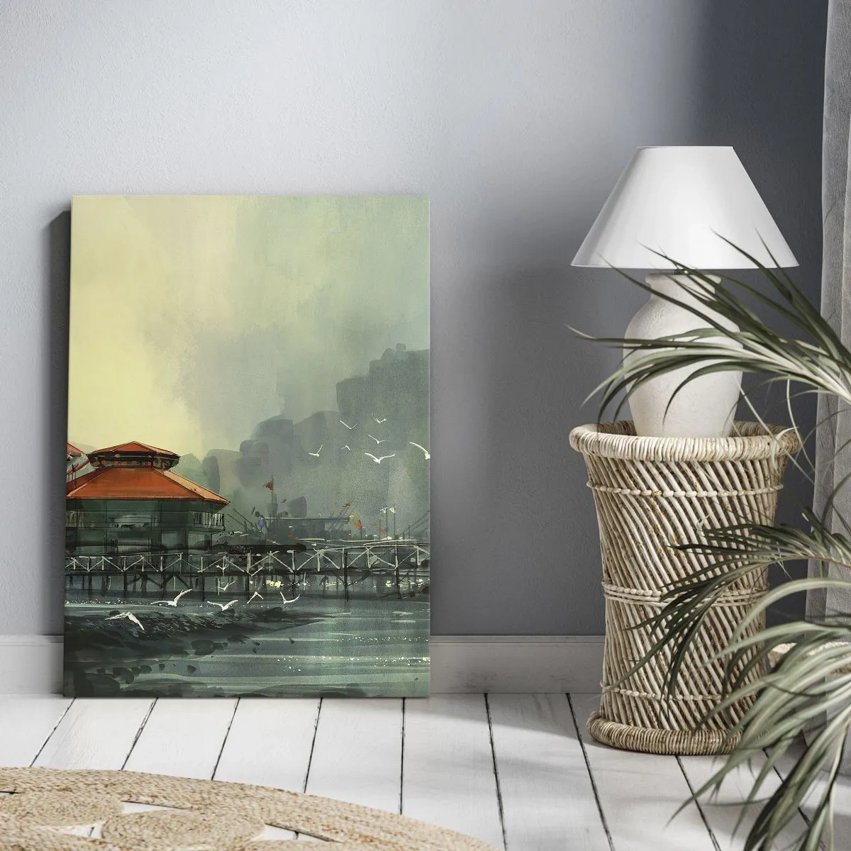 Cuadro sobre lienzo - Impresión de Imagen - Edificios portuarios en un paisaje lluvioso con gaviotas - 50x70cm - Un día soleado en el puerto - Decoración de pared moderna para salón y dormitorio ARTTOR