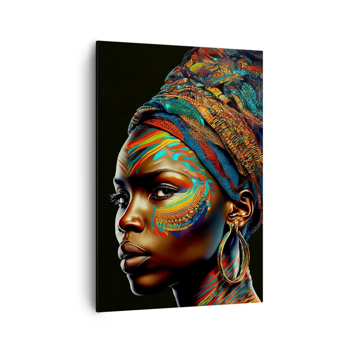 Cuadro sobre lienzo - Impresión de Imagen - Retrato de una mujer con un patrón colorido y un turbante. - 70x100cm - Reina africana - Decoración de pared moderna para salón y dormitorio ARTTOR