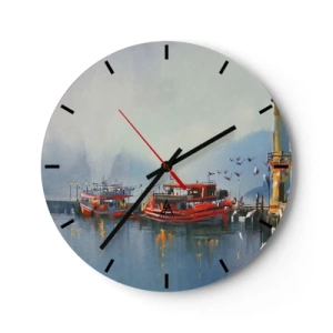 Reloj de pared - Reloj de vidrio - Un puerto con barcos rojos en aguas tranquilas por la mañana. - 30x30cm - En el fin del mundo - Decoración de pared moderna para salón, cocina y dormitorio ARTTOR