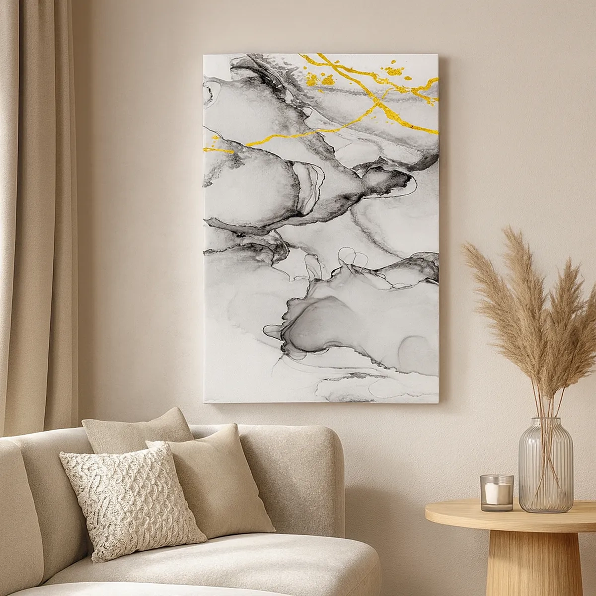 Cuadro sobre lienzo - Impresión de Imagen - Patrones abstractos en blanco y negro con acentos dorados - 50x70cm - Composición con motivo de oro - Decoración de pared moderna para salón y dormitorio ARTTOR