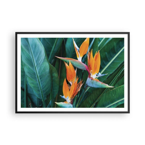 Póster en marco negro - Flores exóticas de strelitzia rodeadas de hojas verdes. - 100x70cm - ¿Es una flor o es un pájaro? - Decoración de pared moderna para salón y dormitorio ARTTOR