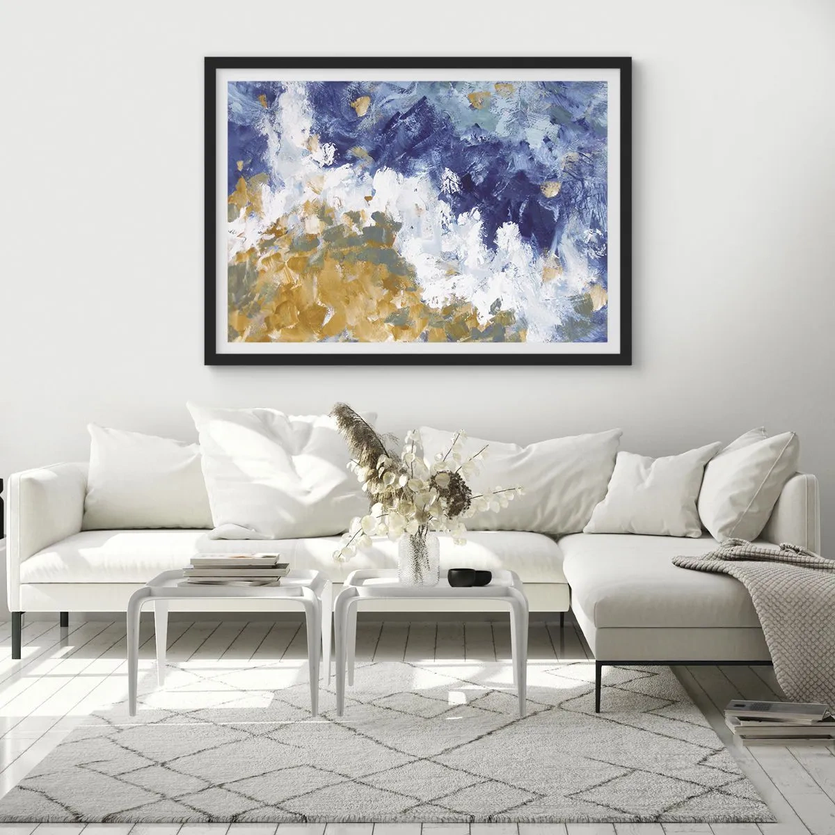 Póster en marco negro - Abstracción en tonos azules, blancos y dorados. - 70x50cm - Danza de los elementos - Decoración de pared moderna para salón y dormitorio ARTTOR