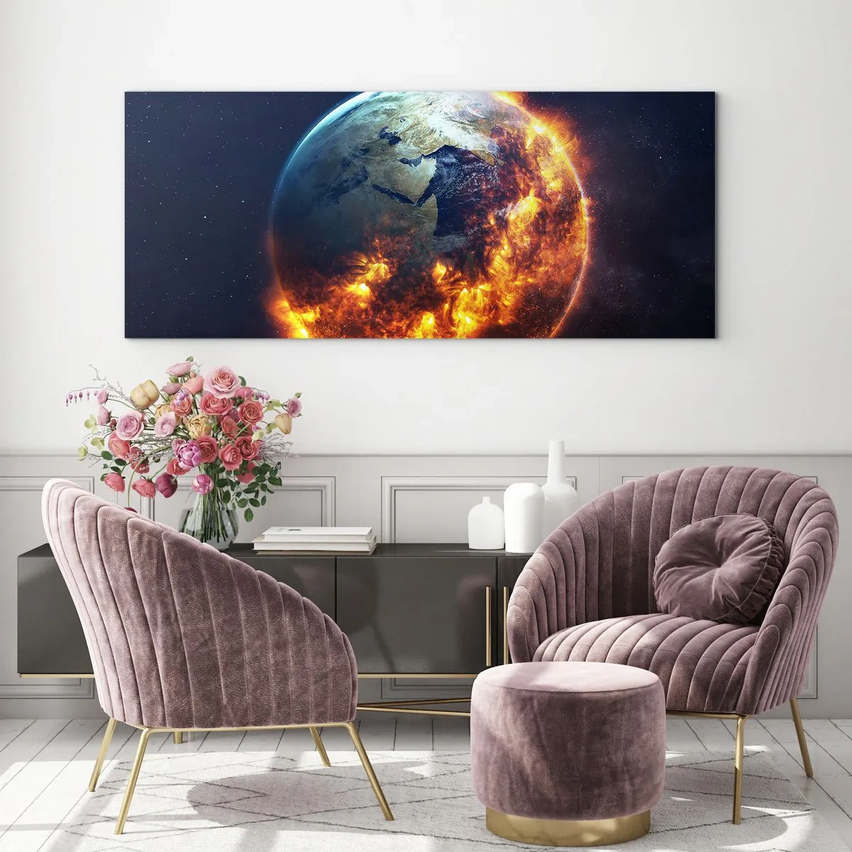 Cuadro sobre vidrio - Impresiones sobre Vidrio - El planeta Tierra en llamas en el espacio exterior - 160x50cm - La llama del apocalipsis - Decoración de pared moderna para salón y dormitorio ARTTOR