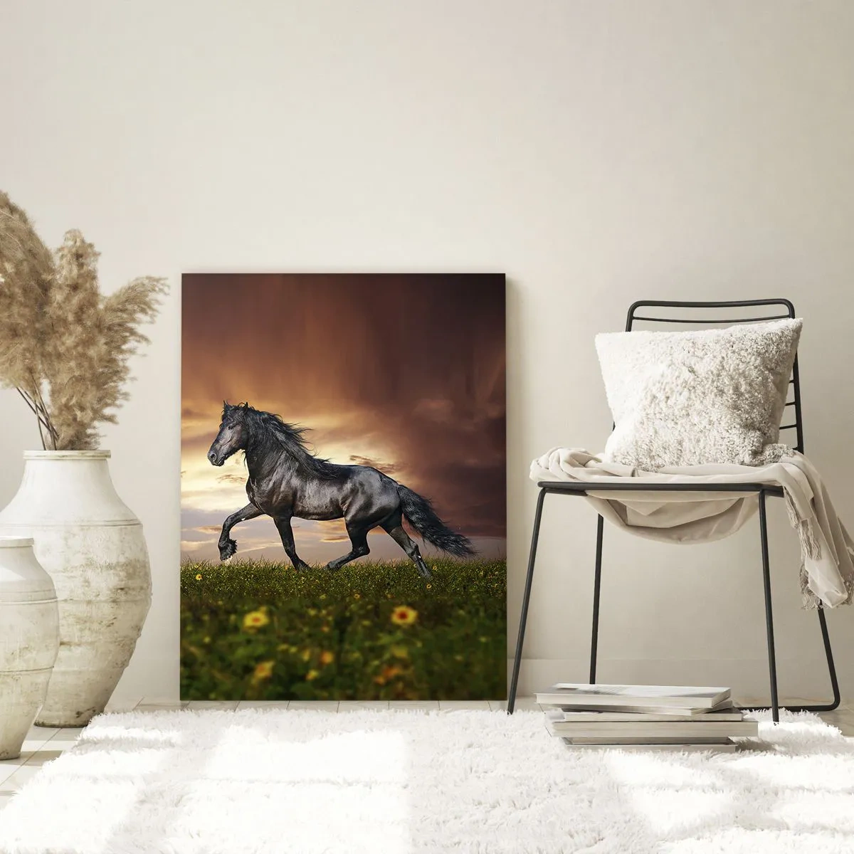 Cuadro sobre vidrio - Impresiones sobre Vidrio - Un caballo negro galopando contra el sol poniente. - 50x70cm - Príncipe negro - Decoración de pared moderna para salón y dormitorio ARTTOR