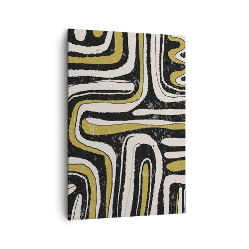 Cuadro sobre lienzo - Impresión de Imagen - Patrón abstracto en negro, blanco y dorado. - 70x100cm - Composición: tramos y callejones - Decoración de pared moderna para salón y dormitorio ARTTOR