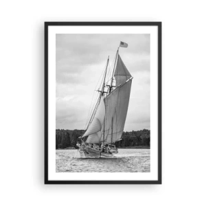 Póster en marco negro - Un velero con grandes velas navegando en el mar en blanco y negro. - 50x70cm - Hermanos del viento - Decoración de pared moderna para salón y dormitorio ARTTOR