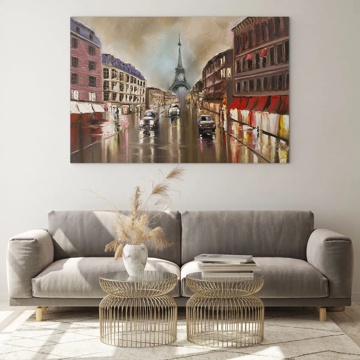 Cuadro sobre vidrio - Impresiones sobre Vidrio - Calle parisina al atardecer con vistas a la Torre Eiffel - 70x50cm - Solo ella importa - Decoración de pared moderna para salón y dormitorio ARTTOR