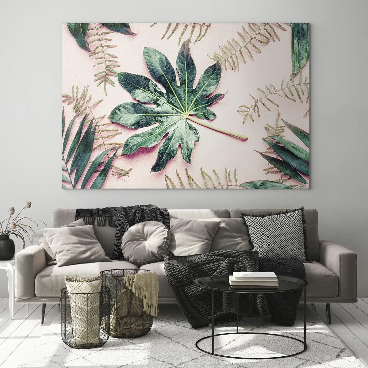 Cuadro sobre vidrio - Impresiones sobre Vidrio - Hojas tropicales sobre un fondo pastel. - 70x50cm - Estudio de vegetación sobre fondo rosa - Decoración de pared moderna para salón y dormitorio ARTTOR