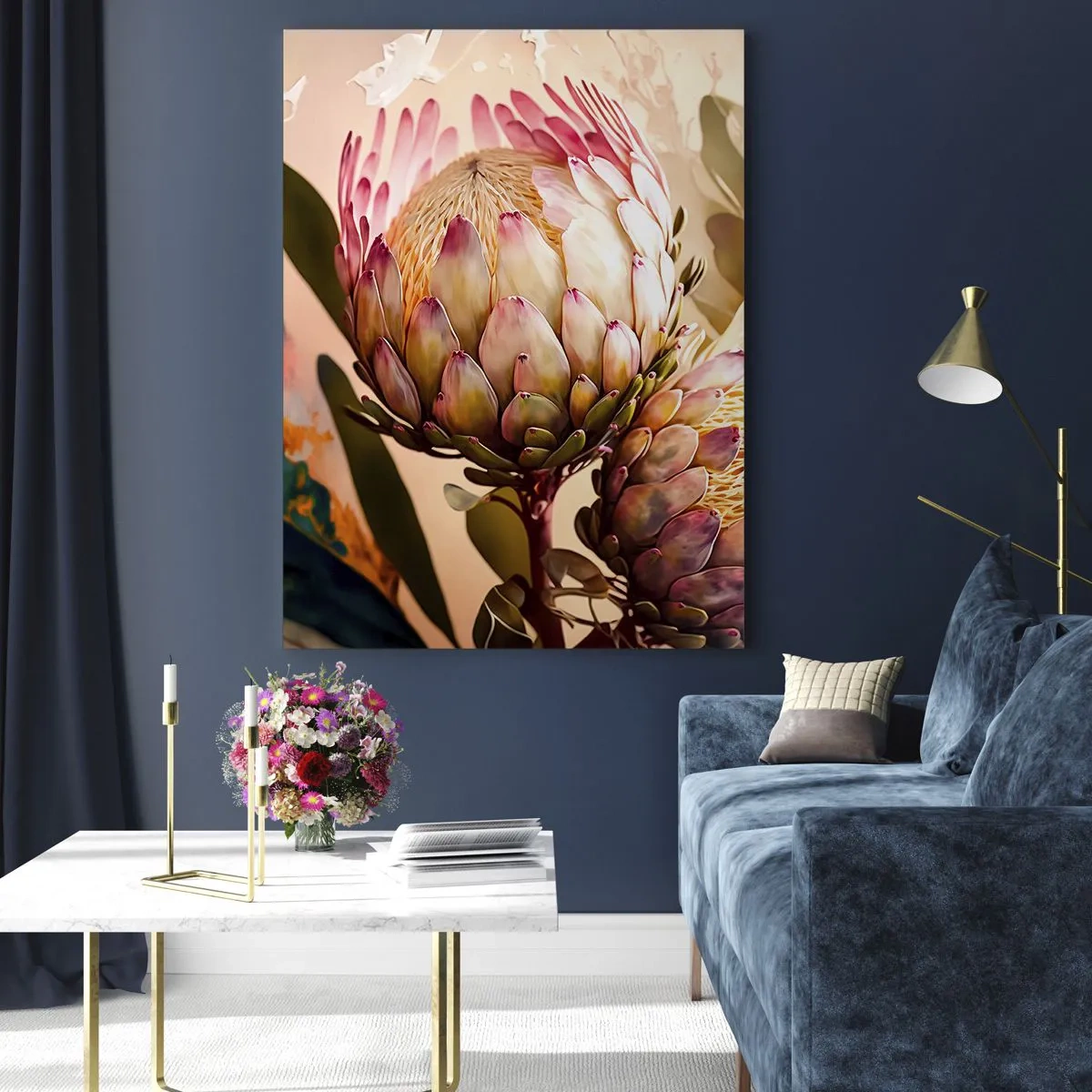Cuadro sobre vidrio - Impresiones sobre Vidrio - Flores de protea en tonos cálidos y luz suave. - 50x70cm - Abrazados con ternura - Decoración de pared moderna para salón y dormitorio ARTTOR