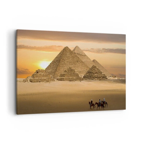 Cuadro sobre lienzo - Impresión de Imagen - Pirámides de Egipto al atardecer con jinetes a caballo - 120x80cm - Sin cambios desde hace miles de años - Decoración de pared moderna para salón y dormitorio ARTTOR