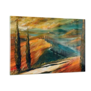 Cuadro sobre vidrio - Impresiones sobre Vidrio - Puesta de sol sobre una colina toscana - 120x80cm - Paisaje toscano - Decoración de pared moderna para salón y dormitorio ARTTOR