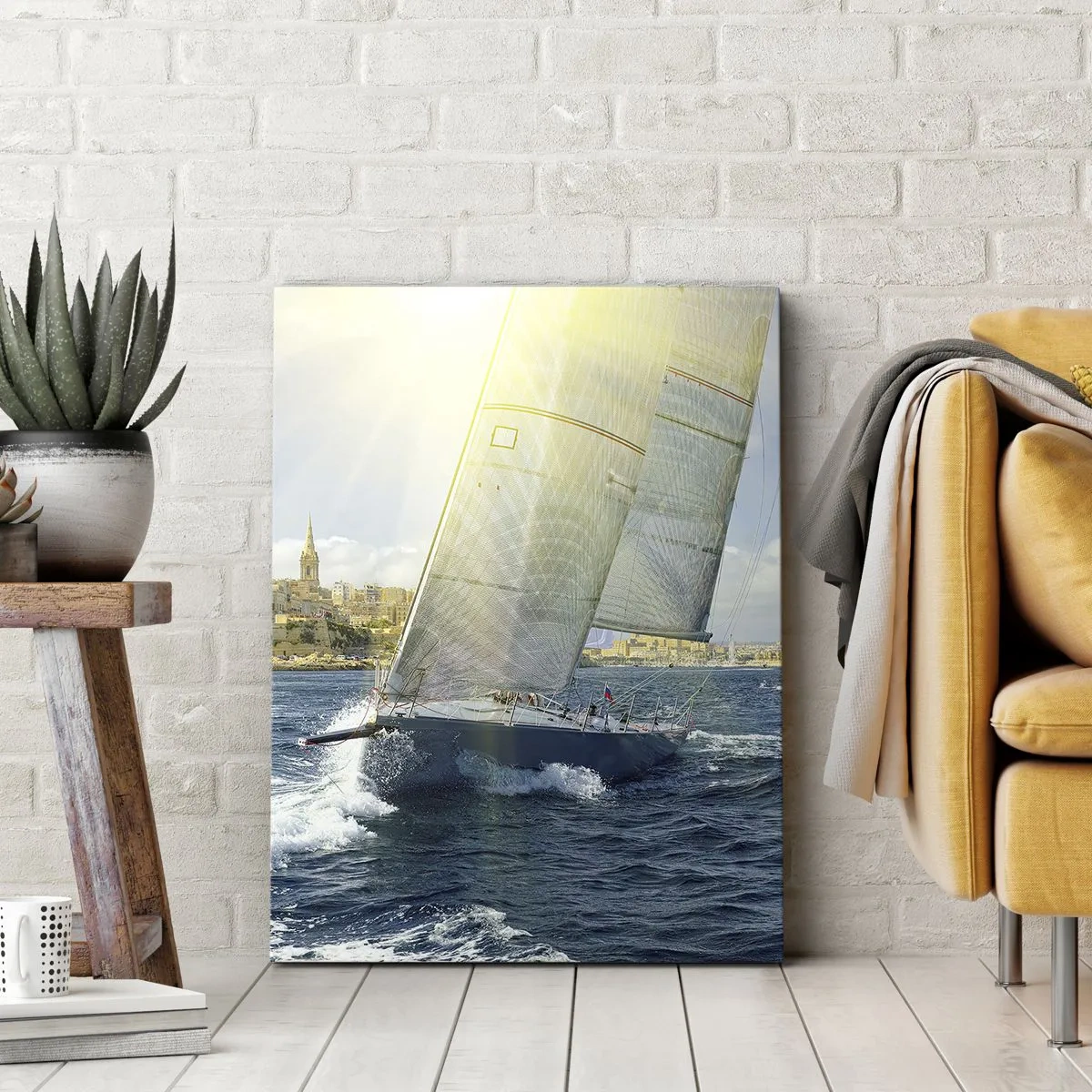 Cuadro sobre lienzo - Impresión de Imagen - Regata con el telón de fondo de una costa soleada - 70x100cm - Hora de abandonar la ciudad - Decoración de pared moderna para salón y dormitorio ARTTOR