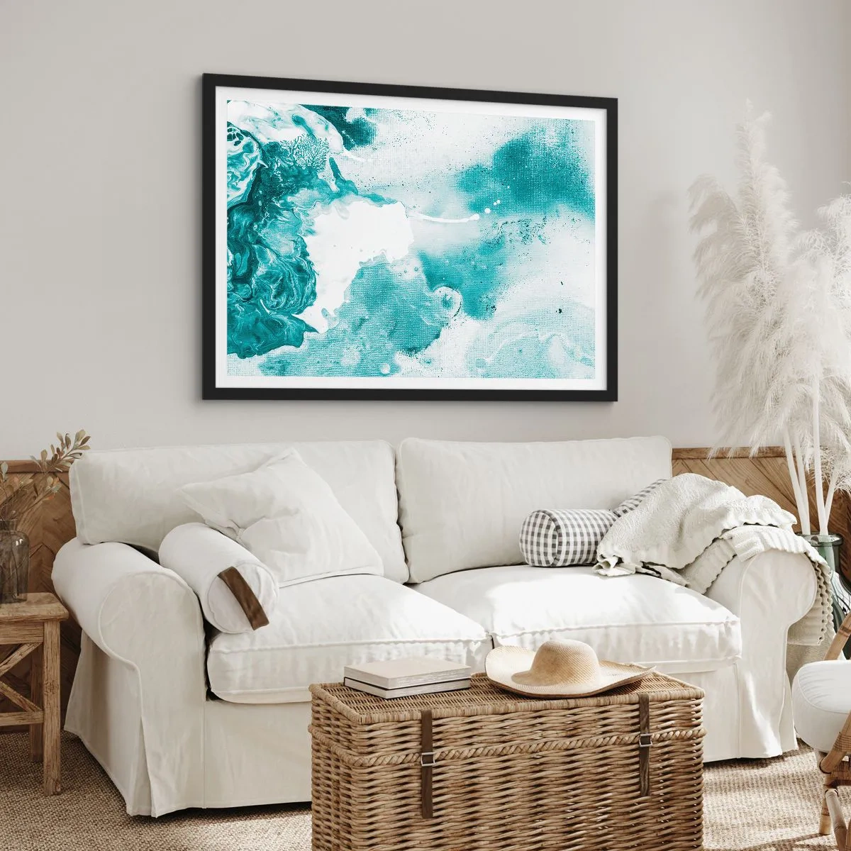 Póster en marco negro - Abstracción en tonos azules con delicados acentos de blanco. - 70x50cm - Remansos de azul - Decoración de pared moderna para salón y dormitorio ARTTOR