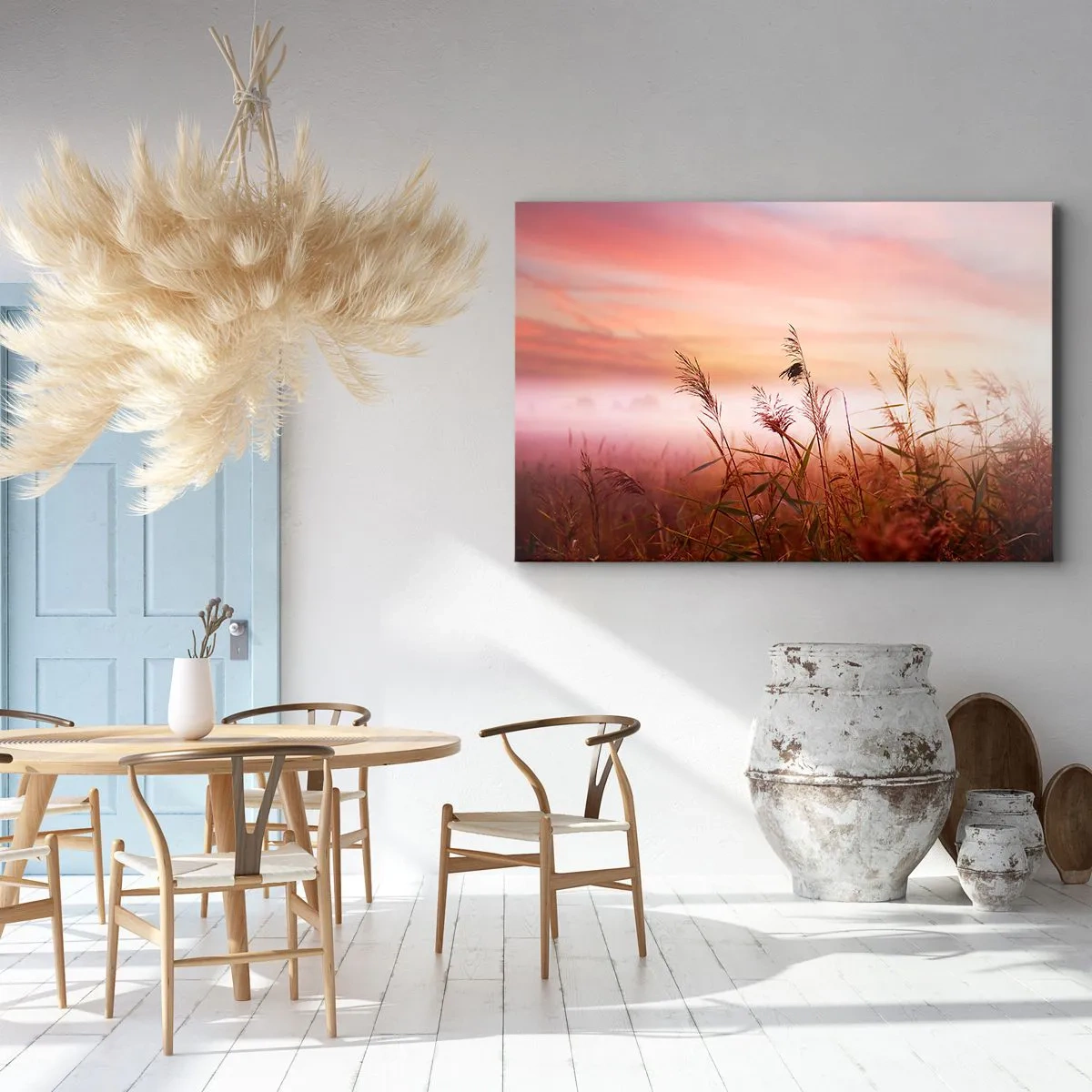 Cuadro sobre lienzo - Impresión de Imagen - Un campo de hierba con el telón de fondo de una pintoresca puesta de sol. - 70x50cm - El arte del viento - Decoración de pared moderna para salón y dormitorio ARTTOR