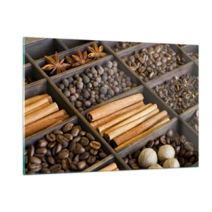 Cuadro sobre vidrio - Impresiones sobre Vidrio - Especias en compartimentos de madera - 120x80cm - Un tesoro de aromas - Decoración de pared moderna para salón y dormitorio ARTTOR