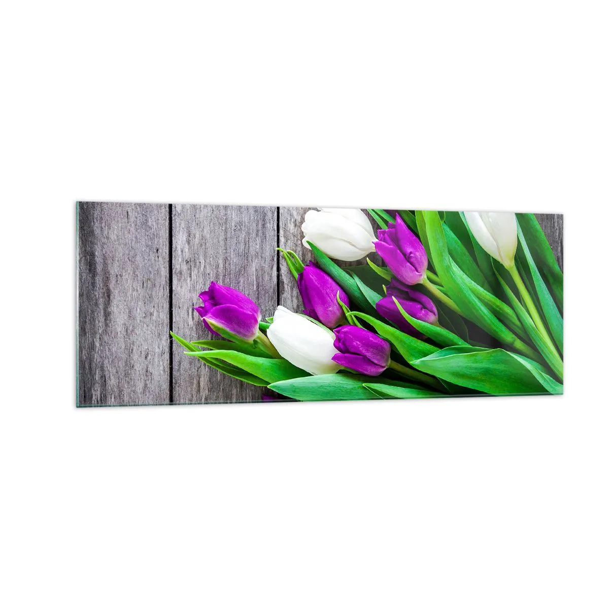 Cuadro sobre vidrio - Impresiones sobre Vidrio - Un ramo de tulipanes morados y blancos sobre un fondo de madera. - 140x50cm - El día de la fiesta de la primavera - Decoración de pared moderna para salón y dormitorio ARTTOR