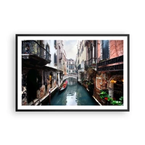 Póster en marco negro - Paisaje veneciano con góndola y puente - 91x61 cm