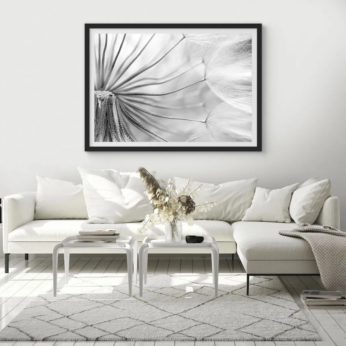 Póster en marco negro - Delicados dientes de león en tonos blanco y negro. - 70x50cm - Caricias del viento - Decoración de pared moderna para salón y dormitorio ARTTOR