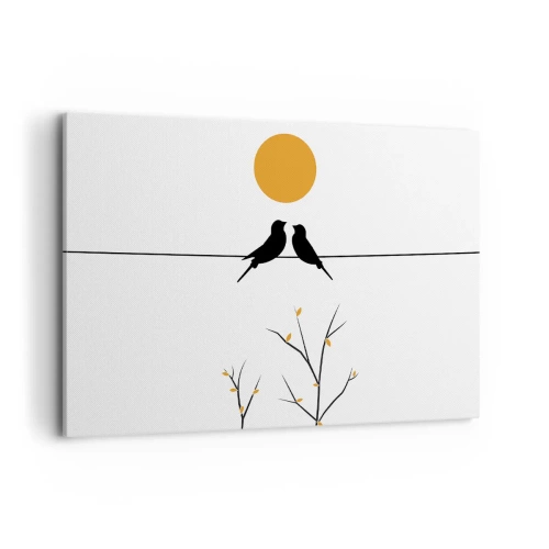 Cuadro sobre lienzo - Impresión de Imagen - Pájaros en una línea con un sol amarillo. - 120x80cm - Noche de ruiseñores - Decoración de pared moderna para salón y dormitorio ARTTOR