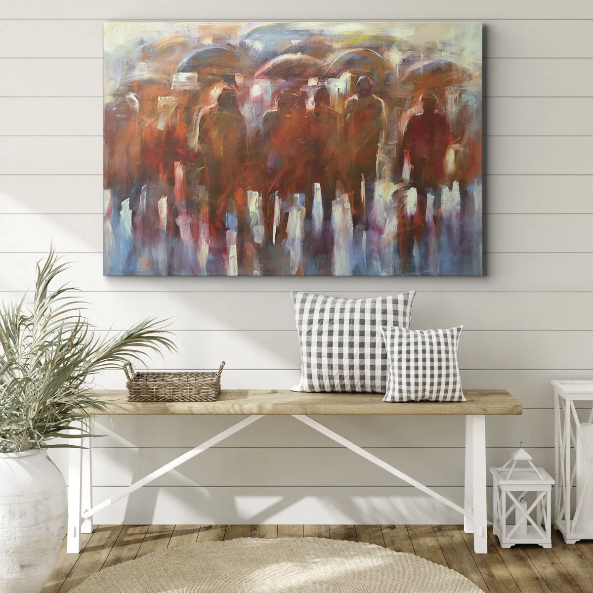 Cuadro sobre lienzo - Impresión de Imagen - Una multitud de personas con paraguas en un entorno artístico y lluvioso. - 70x50cm - Iguales entre la niebla - Decoración de pared moderna para salón y dormitorio ARTTOR