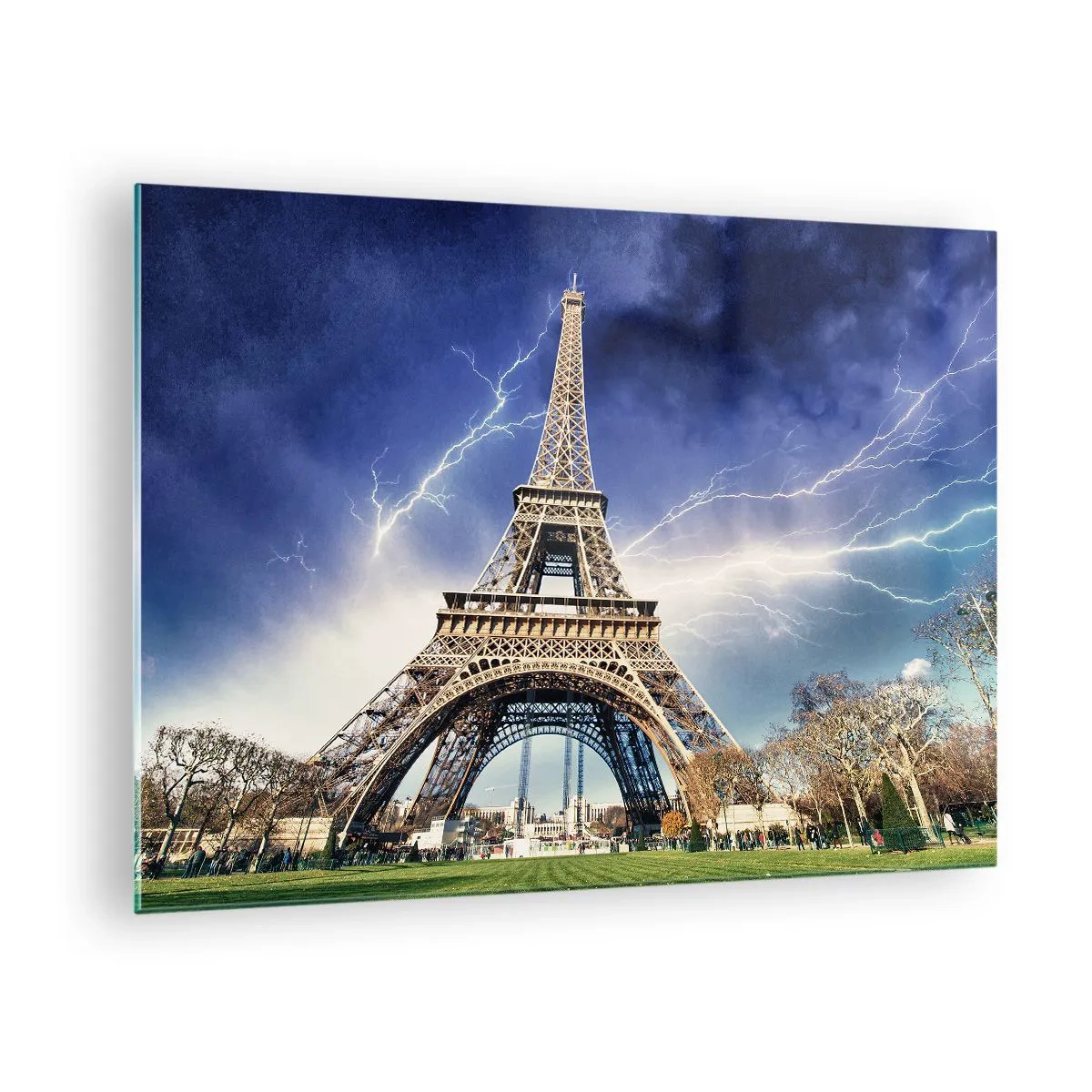 Cuadro sobre vidrio - Impresiones sobre Vidrio - La Torre Eiffel rodeada de rayos en un día nublado. - 70x50cm - Reina sobre las tormentas - Decoración de pared moderna para salón y dormitorio ARTTOR