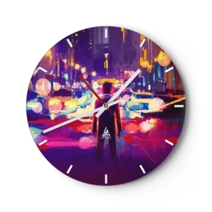 Reloj de pared - Reloj de vidrio - Una figura sobre el fondo de una ciudad colorida por la noche. - 30x30cm - Inmerso en la luz - Decoración de pared moderna para salón, cocina y dormitorio ARTTOR