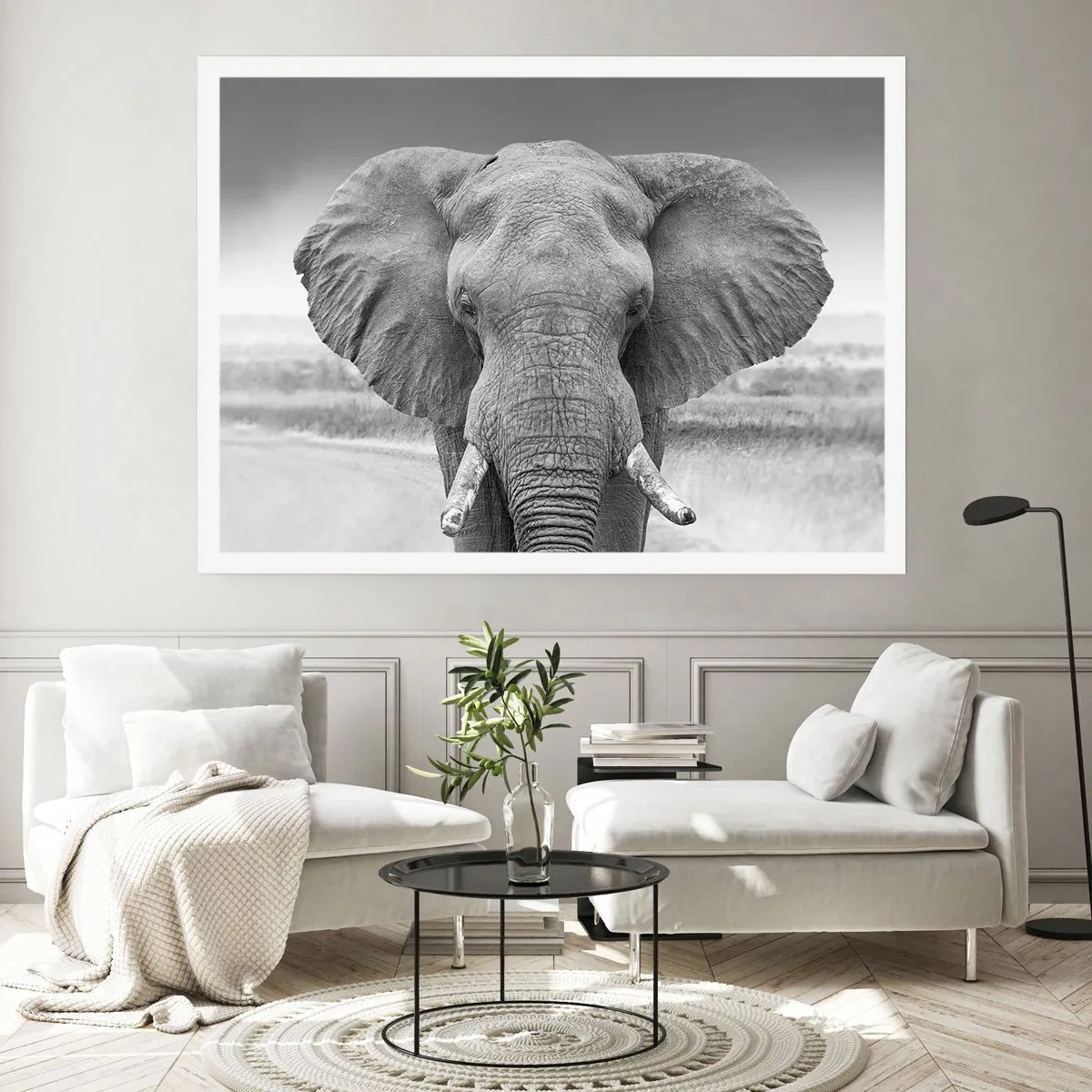 Póster - Retrato de un elefante en blanco y negro - 100x70cm - Bienvenido a mi mundo - Decoración de pared moderna para salón y dormitorio ARTTOR