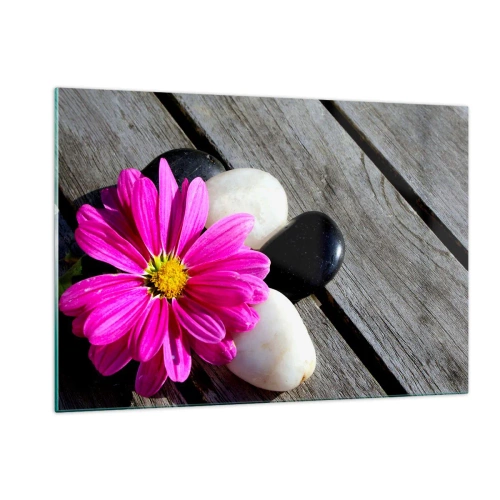 Cuadro sobre vidrio - Impresiones sobre Vidrio - Flor rosa con piedras sobre un fondo de madera. - 120x80cm - Descansando en el muelle - Decoración de pared moderna para salón y dormitorio ARTTOR