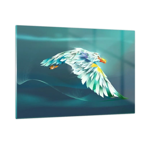 Cuadro sobre vidrio - Impresiones sobre Vidrio - Una imagen abstracta de un águila en tonos azules y blancos sobre un fondo de olas. - 120x80cm - El poder del vuelo del águila - Decoración de pared moderna para salón y dormitorio ARTTOR