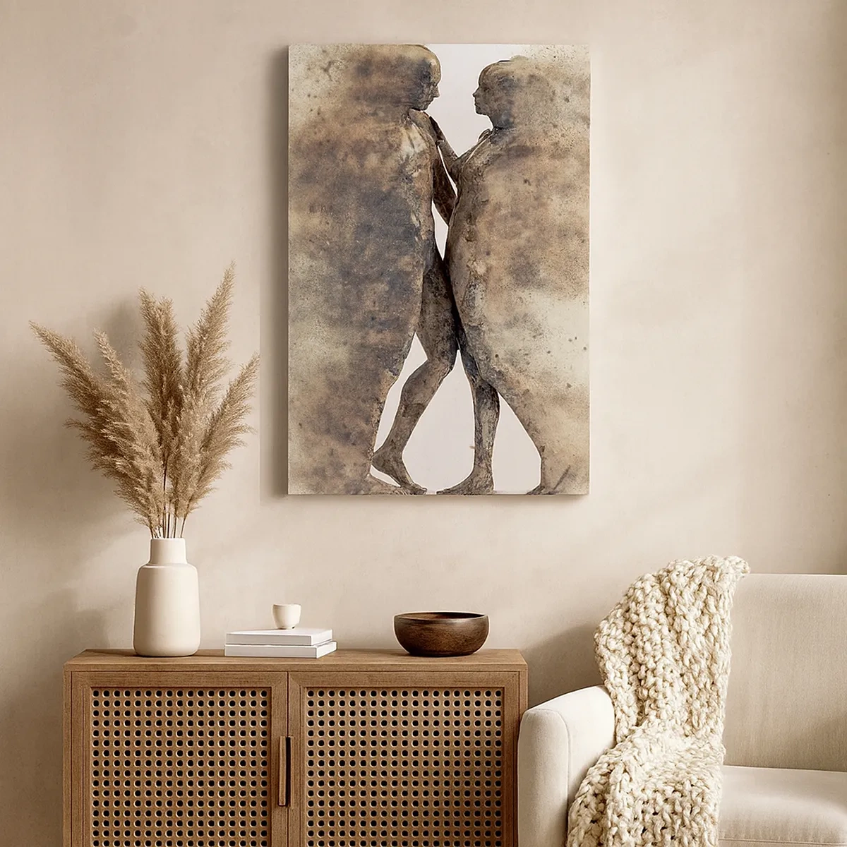 Cuadro sobre lienzo - Impresión de Imagen - Un dúo abstracto de siluetas en tonos arena. - 50x70cm - Del polvo resurgieron para amar - Decoración de pared moderna para salón y dormitorio ARTTOR