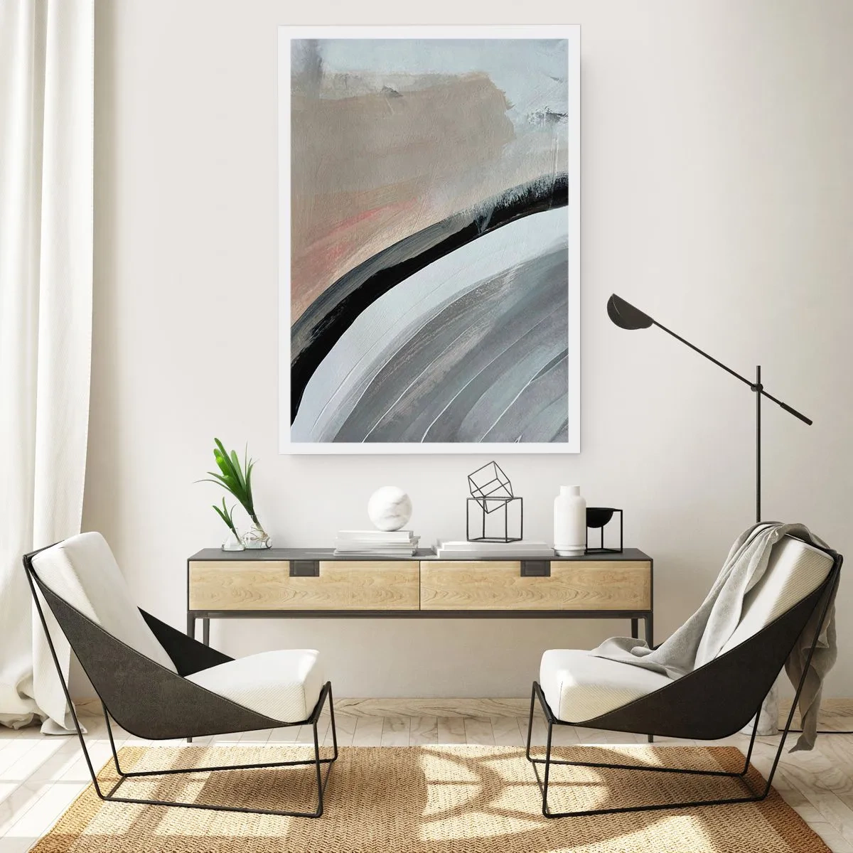 Póster - Composición abstracta con lineas en tonos grises y beige. - 50x70cm - Composición: un arco negro y gris - Decoración de pared moderna para salón y dormitorio ARTTOR