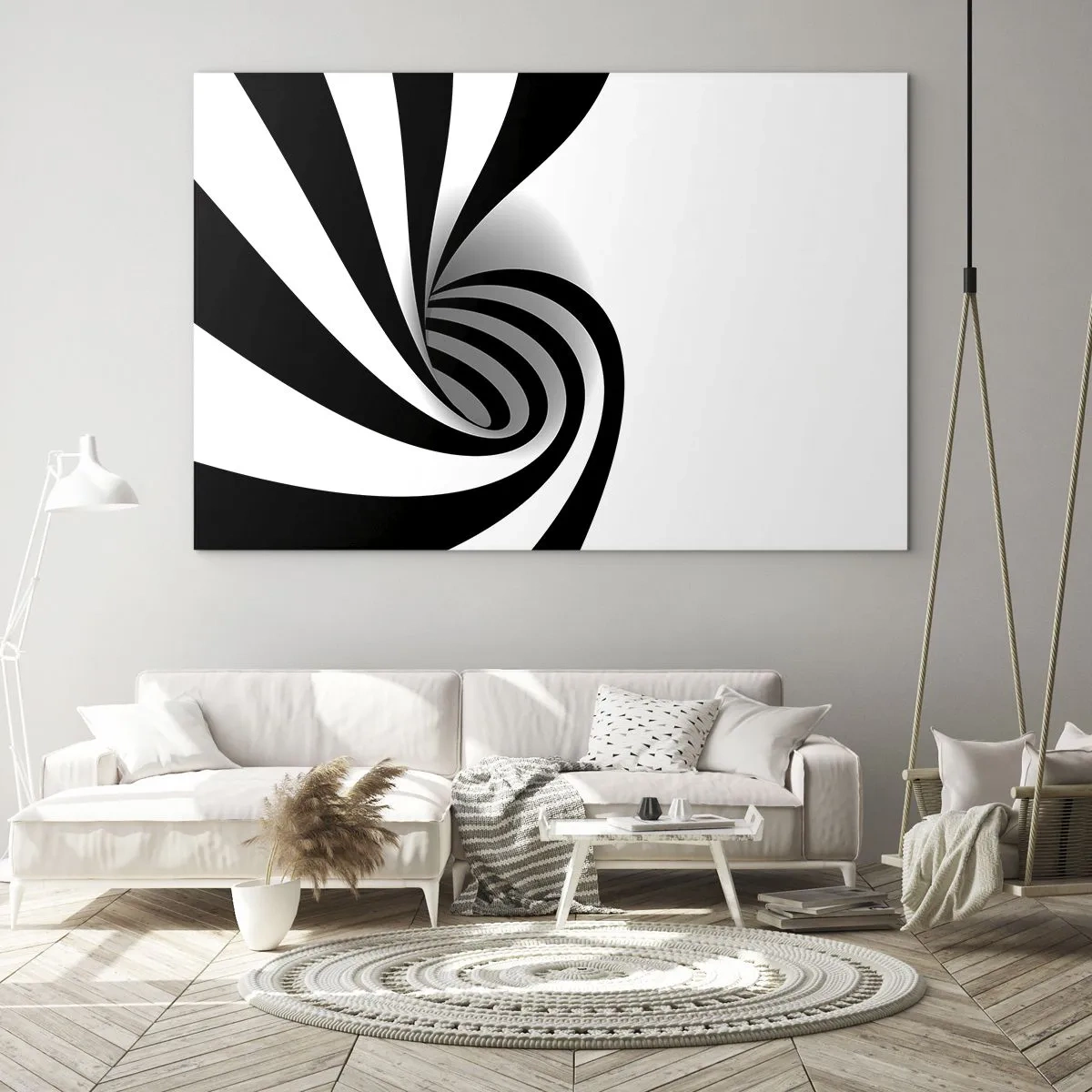 Cuadro sobre vidrio - Impresiones sobre Vidrio - Espiral abstracta en blanco y negro con forma dinámica. - 120x80cm - Y sin embargo, gira - Decoración de pared moderna para salón y dormitorio ARTTOR