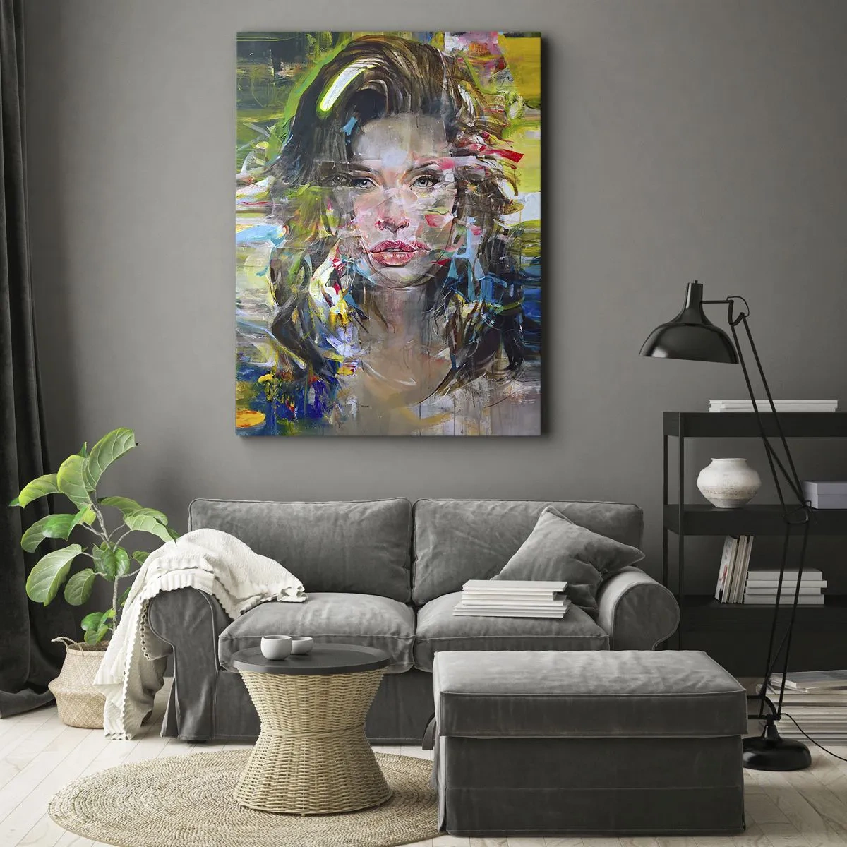 Cuadro sobre lienzo - Impresión de Imagen - Retrato abstracto de una mujer en colores intensos. - 70x100cm - Tras el velo del aire - Decoración de pared moderna para salón y dormitorio ARTTOR