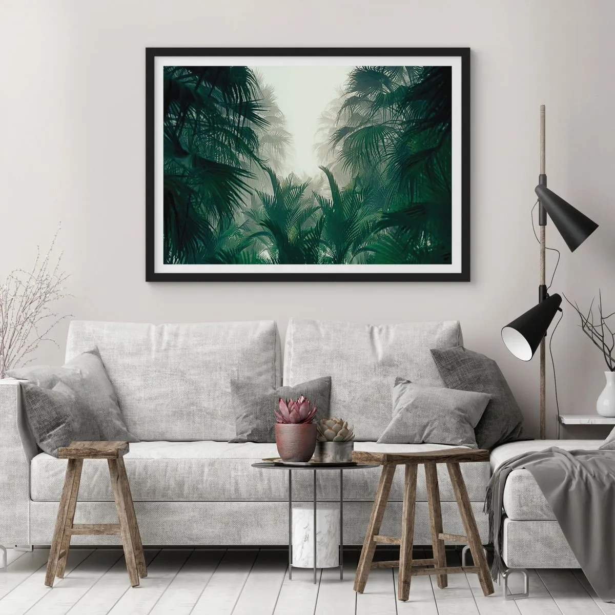 Póster en marco negro - Vegetación tropical en la densa niebla de la selva tropical - 70x50cm - Misterio tropical - Decoración de pared moderna para salón y dormitorio ARTTOR
