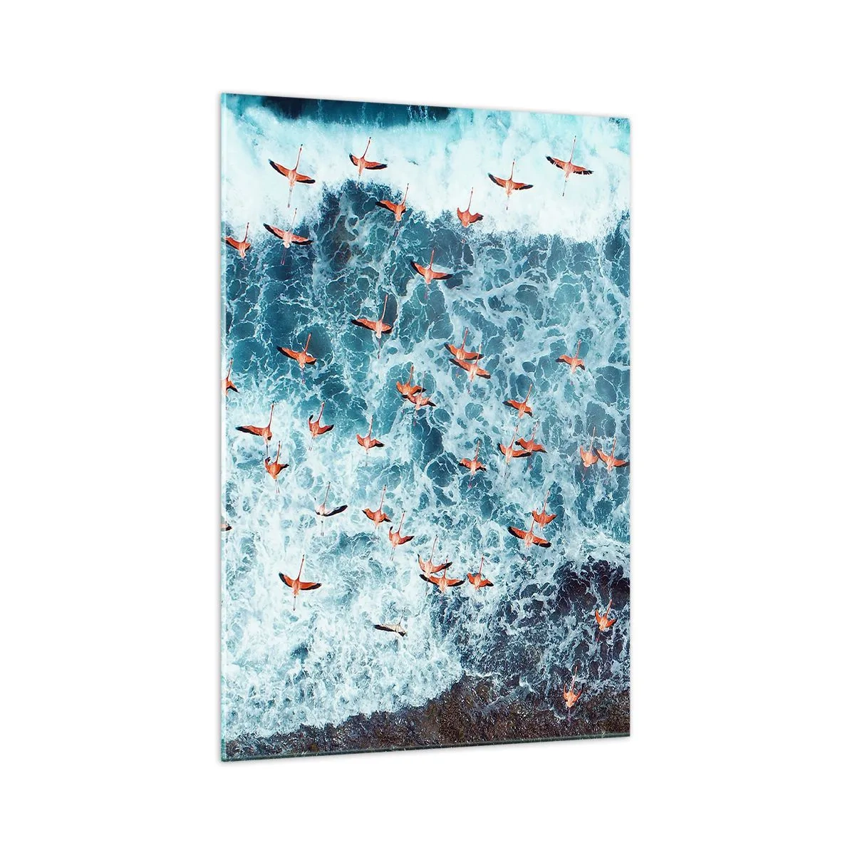Cuadro sobre vidrio - Impresiones sobre Vidrio - Una vista aérea de flamencos rosados sobre un océano azul. - 70x100cm - Un desfile marítimo - Decoración de pared moderna para salón y dormitorio ARTTOR