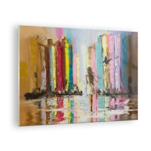 Cuadro sobre vidrio - Impresiones sobre Vidrio - Una mujer con un pájaro en el fondo de edificios coloridos. - 70x50cm - Sígueme - Decoración de pared moderna para salón y dormitorio ARTTOR
