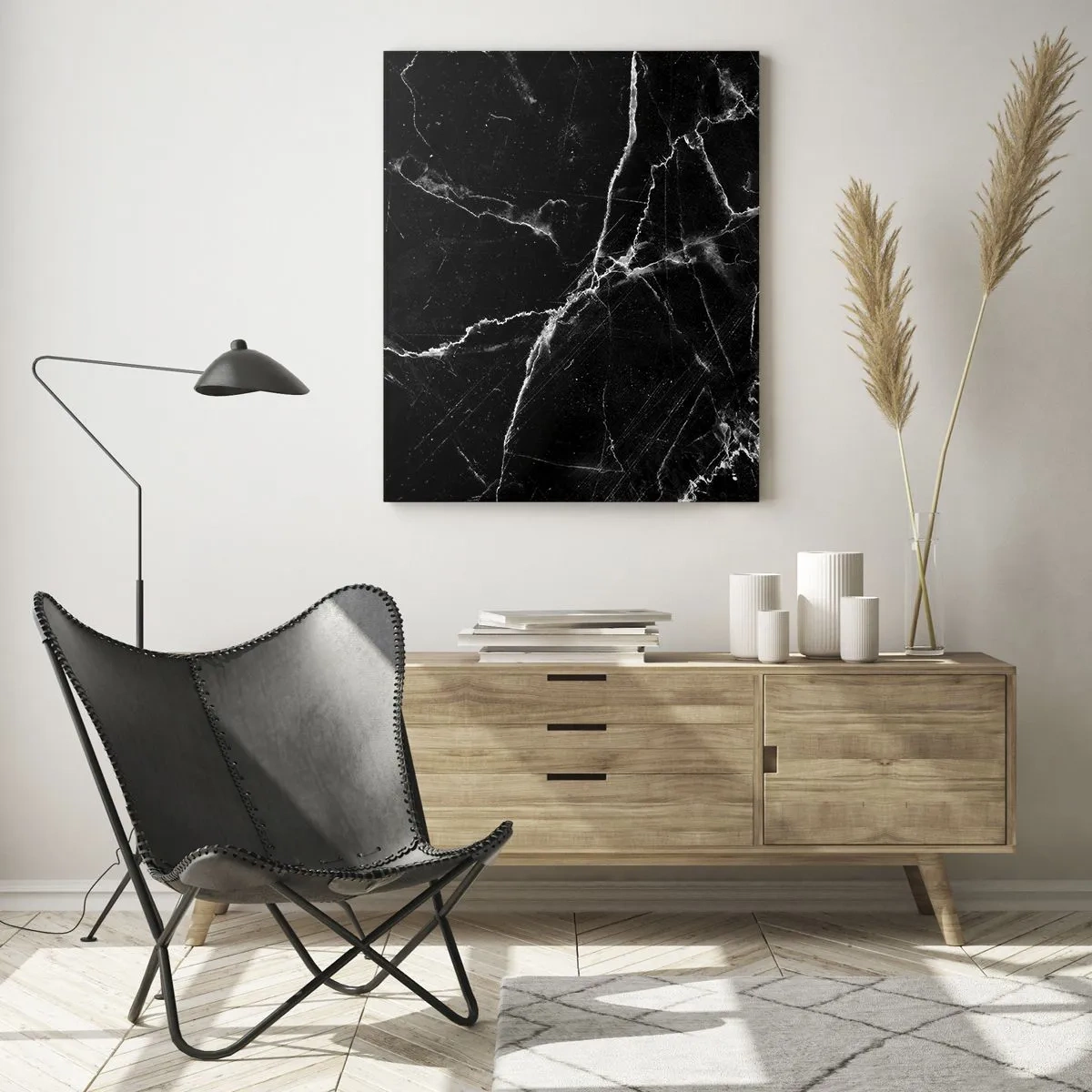 Cuadro sobre vidrio - Impresiones sobre Vidrio - Superficie de mármol negro con vetas claras. - 50x70cm - La vida secreta de la piedra - Decoración de pared moderna para salón y dormitorio ARTTOR