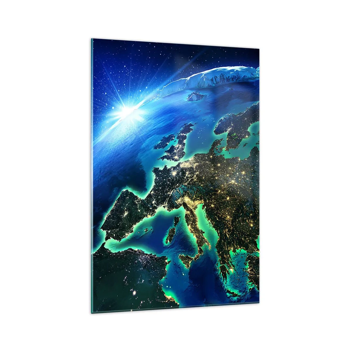 Cuadro sobre vidrio - Impresiones sobre Vidrio - Una vista de Europa desde el espacio bajo el resplandor del sol naciente. - 70x100cm - Una Europa resplandeciente - Decoración de pared moderna para salón y dormitorio ARTTOR